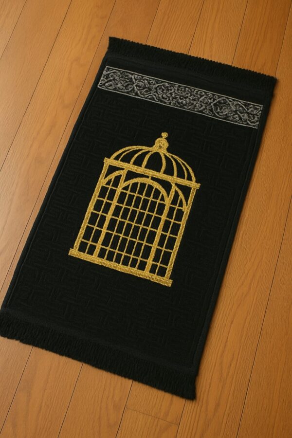 Black Islamic prayer mat made with soft velvet fabric for daily Salah