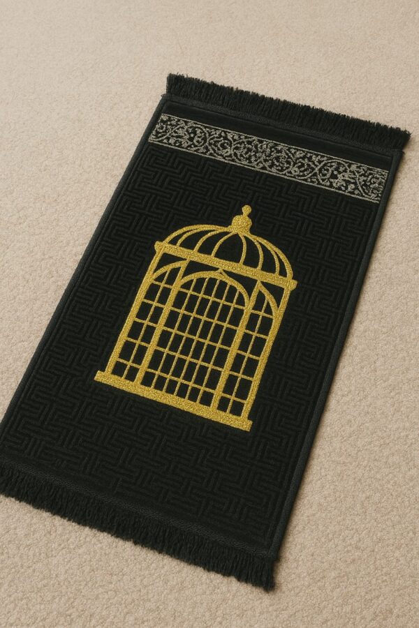 Black Islamic prayer mat made with soft velvet fabric for daily Salah