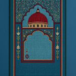 “Luxurious Islamic prayer mat featuring a detailed red mosque dome, floral arch motifs, and intricate geometric patterns on a teal blue background – ideal for daily Salah, Ramadan, or Eid gift.”
