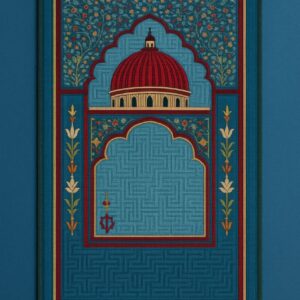 “Luxurious Islamic prayer mat featuring a detailed red mosque dome, floral arch motifs, and intricate geometric patterns on a teal blue background – ideal for daily Salah, Ramadan, or Eid gift.”