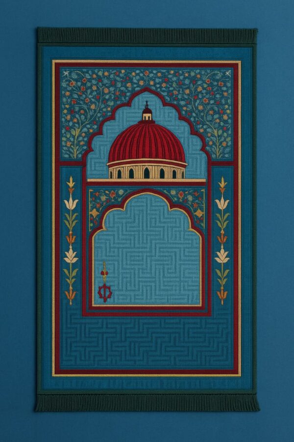 “Luxurious Islamic prayer mat featuring a detailed red mosque dome, floral arch motifs, and intricate geometric patterns on a teal blue background – ideal for daily Salah, Ramadan, or Eid gift.”