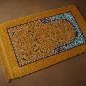 "Yellow prayer mat with intricate geometric patterns, neatly laid on the floor, symbolizing a serene space for worship."