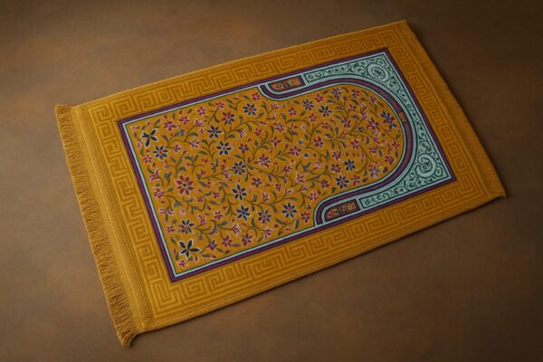 "Yellow prayer mat with intricate geometric patterns, neatly laid on the floor, symbolizing a serene space for worship."