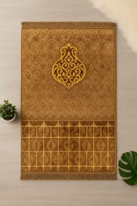 Golden Islamic prayer mat with embossed central motif and geometric pattern – soft velvet jayenamaz for salah"