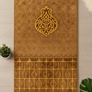 Golden Islamic prayer mat with embossed central motif and geometric pattern – soft velvet jayenamaz for salah"