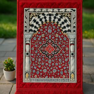 Luxurious red Islamic prayer mat with Ottoman-style arch, floral embroidery, and velvet texture, displayed upright on a stone path with a potted plant.